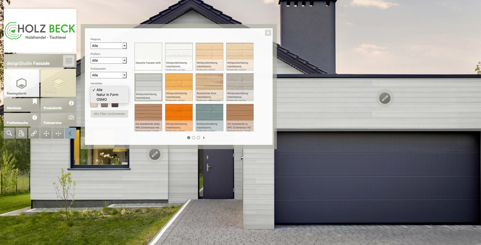 In unserem designStudio Fassade sehen Sie an verschiedenen Hausbeispielen oder an Ihrem eigenen Haus verschiedene Fassadenschalungen und Farben.